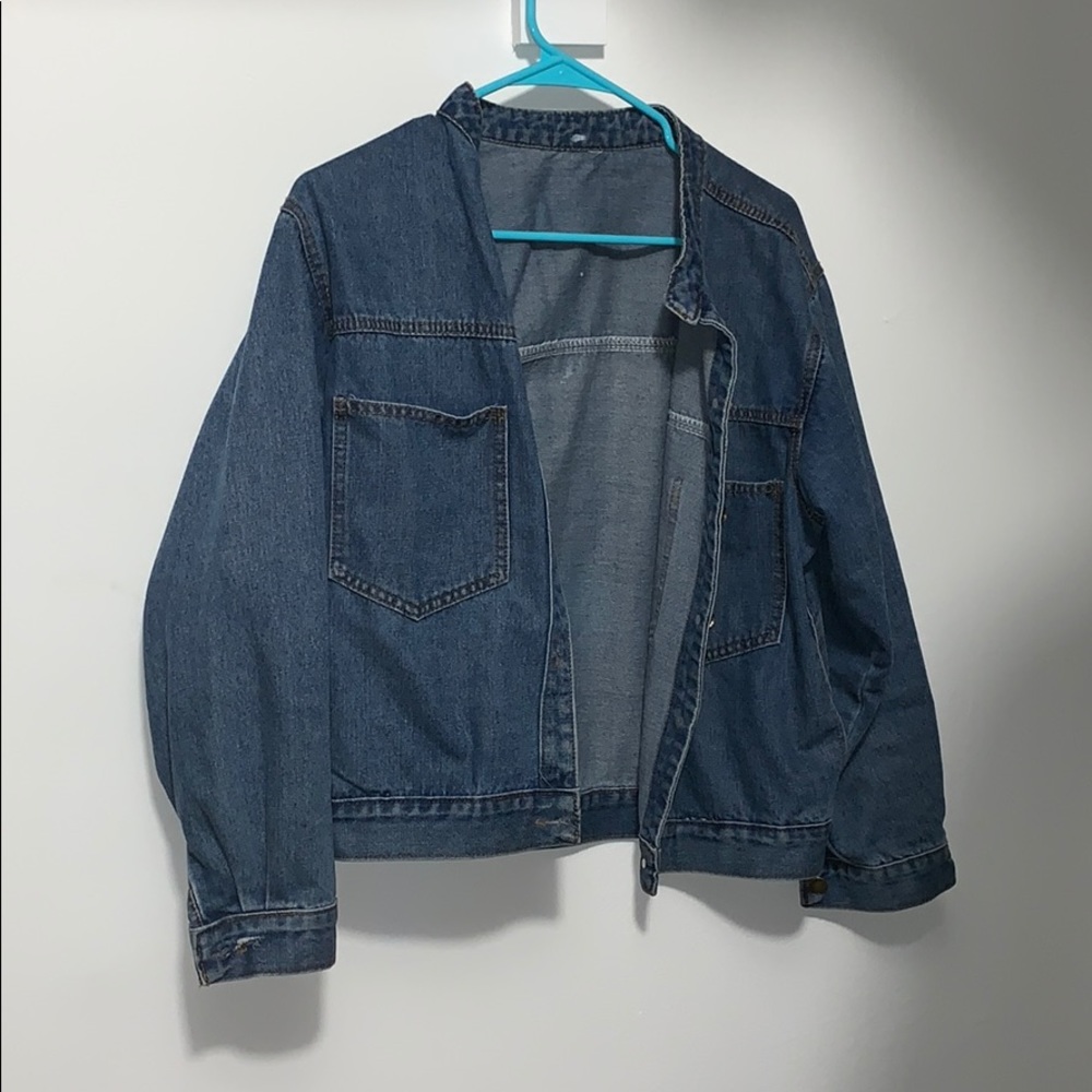 Oversized collarless denim jacket